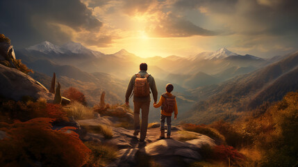 Amidst nature's beauty, a father and son hike together along a scenic trail, their shared love for adventure and exploration evident in the high-definition image.