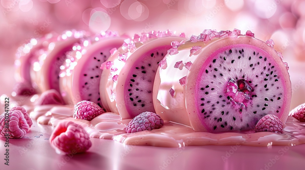 Poster fruit array displayed on table with nearby pile of raspberries