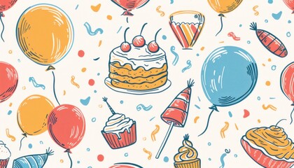 Balloon, cake, cupcake, hat, and confetti pattern on white background