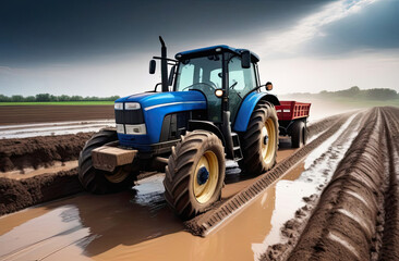 Obraz premium Tractor works after rain on a dirty and slippery field