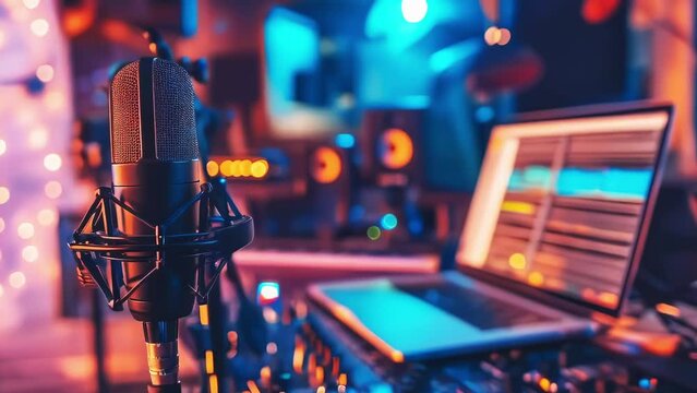 Professional Microphone in Recording Studio. Music Production Video Background 