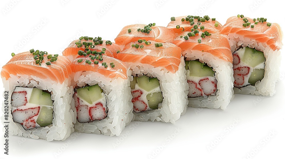 Poster row of sushi with cucumber and salmon white background