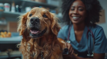 diverse vet clinic, a young hispanic vet carefully examining a golden retriever with a senior african american woman in a peaceful clinic, gentle daylight streaming in through windows