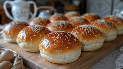   A wooden cutting board topped with buns covered in sesame seeds and sesame seeds on top of the cutting board