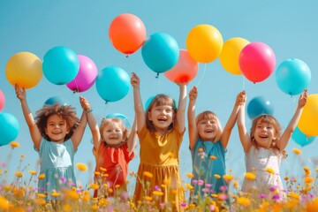International Children's Day, smiling girls and boys with raised hands with colorful balloons, light blue background