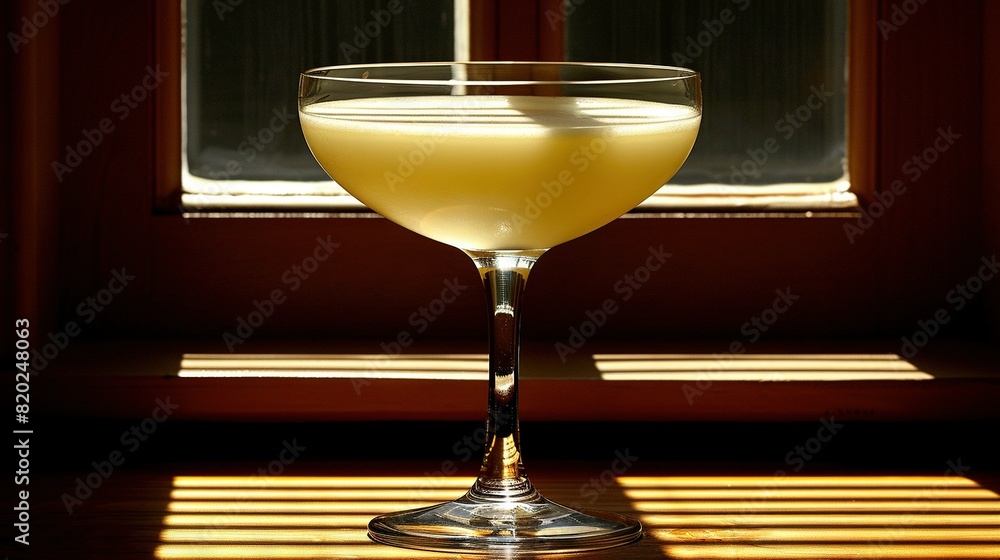 Poster close-up of wine glass on table with sunlight through window and window sill visible in background