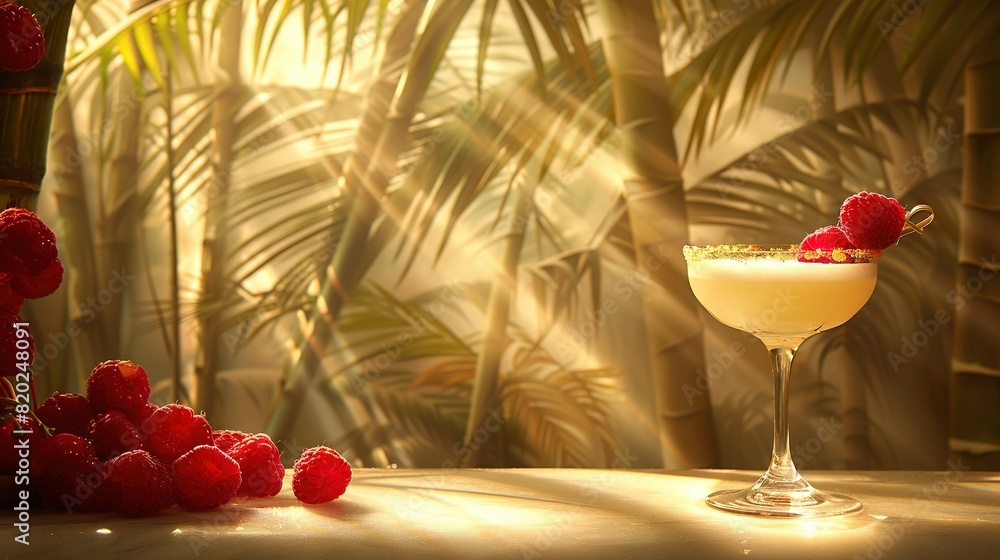 Poster close-up of a drink on a table with raspberries in the foreground and palm trees in the backdrop