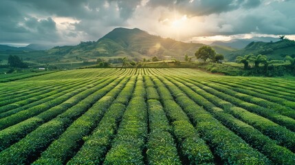 Tea field green plantation agriculture background top leaf farm landscape pattern drone. Organic field mountain green plant tea table view wooden product aerial display farmer wood fresh harvest land. - Powered by Adobe