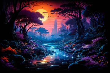 A beautiful painting of a river flowing through a forest during sunset, capturing the serene atmosphere of nature and the natural landscape with colorful hues and artistry