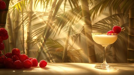   Close-up of a drink on a table with raspberries in the foreground and palm trees in the backdrop