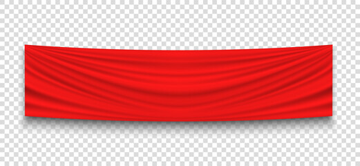 Red banner for advertising or announcement. Wavy fabric mockup with copy space