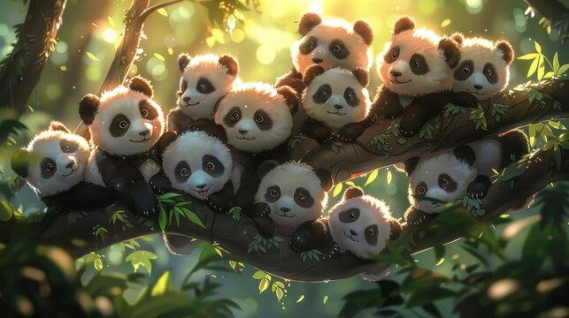 Charming baby pandas on branch, smiling and looking cute in delightful group scene