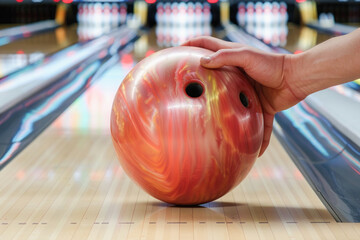 A person is inside a bowling alley, holding a ball surrounded by pins, lanes, and equipment