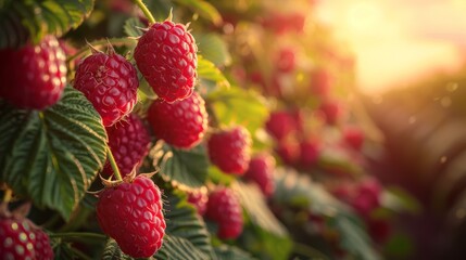 Raspberry box in the farm and harvest season with sunshine and vanilla sky.  - Powered by Adobe
