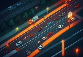 Top view of car traffic transport on crossing multiple lanes highway or expressway in city at night