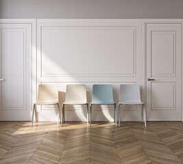 Minimalist interior with row of chairs, 3d illustration.
