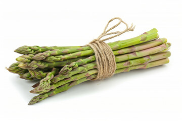 A bundle of fresh asparagus spears isolated on a white background, revealing their tender texture and earthy flavor. Concept of seasonal vegetables and spring harvest. Generative Ai.