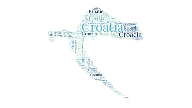 Croatia shape word cloud animation. Country boundary filled with country names animated. Croatia presentation video.