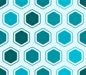Minimalistic hexagon background. Rounded hexagons mosaic cells with padding and inner solid cells. Cyan color tones. Large hexagons. Seamless pattern. Tileable vector illustration.