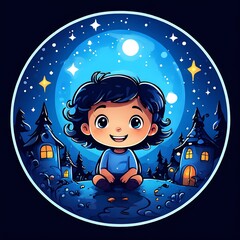 Bright illustration of cute cartoon children at night