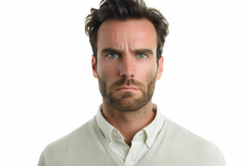 Fototapeta premium A serious man with a furrowed brow, detached from the surroundings, trimmed from the background, without background. Concept of concentration and focus. Generative Ai.