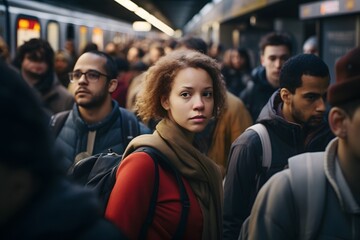 Fototapeta premium man stand on busy subway station during morning commute