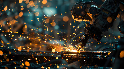 A robot is cutting through metal with sparks flying. The scene is intense and dangerous, as the sparks could ignite and cause a fire. The robot is focused on its task