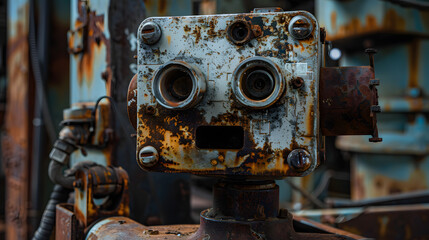 A robot with dirty eyes and a dirty face. The robot is surrounded by other robots, some of which are also dirty. Scene is one of decay and neglect