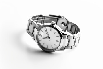 A shiny silver wristwatch isolated against a blank white backdrop, trimmed from the surroundings, with no background. Concept of time and punctuality. Generative Ai.