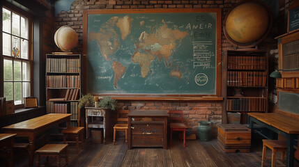 Salle de classe dans les années 1970, avec une carte du monde au tableau