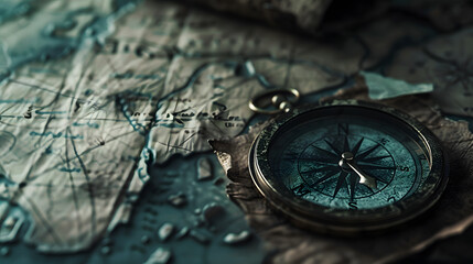 A compass is on top of a map of the world. The compass is pointing to the right