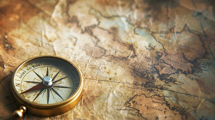 A compass is on top of a map of the world. The compass is pointing to the right