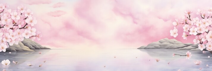 Horizontal banner sakura flowers petals of pink color on blue water backdrop. Beautiful nature spring background with a branch of blooming sakura. Philosophy and tranquility blossoming season in Japan