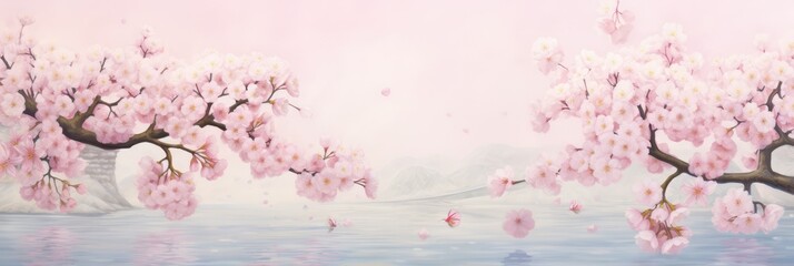 Horizontal banner sakura flowers petals of pink color on blue water backdrop. Beautiful nature spring background with a branch of blooming sakura. Philosophy and tranquility blossoming season in Japan
