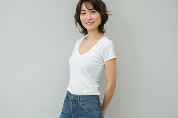 白いTシャツを着ているミドル層の女性