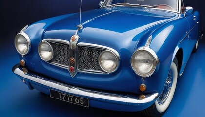 A classic blue sports car with distinctive round headlights and shiny chrome grill presented on a blue studio backdrop.