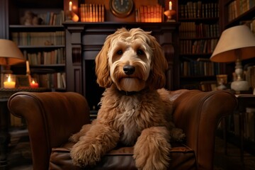 Goldendoodle poses confidently on a modern designer chair