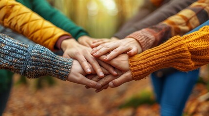 Harmonious team collaboration with hands together in unity for enhanced working relationship