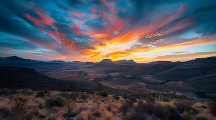 A beautiful sunset with a bright sun shining over a vast, empty landscape. The sky is filled with clouds, creating a serene and peaceful atmosphere