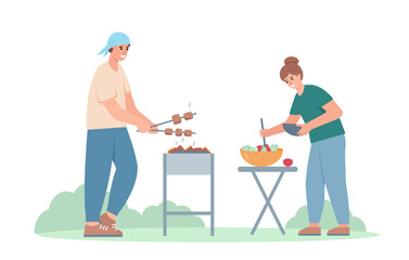 Happy man and woman cooking barbecue and salad on picnic. Tourist camping concept. Summer vocation vector illustrations isolated on white background.