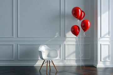 Colorful 3d Mockup joyful Red Party Balloons background with Blank Poster 
