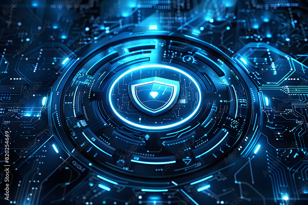 Aufkleber futuristic blue cyber security concept with a shield symbol centered on a digital interface. ai