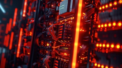 close up view of rack machine data center, 3D rendering of computer data center