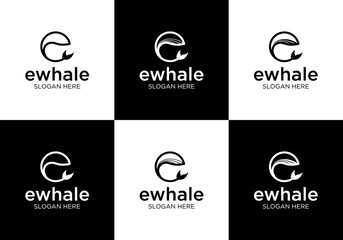 circle whale logo vector illustration design, whale line art logo design with initial e © muhamad
