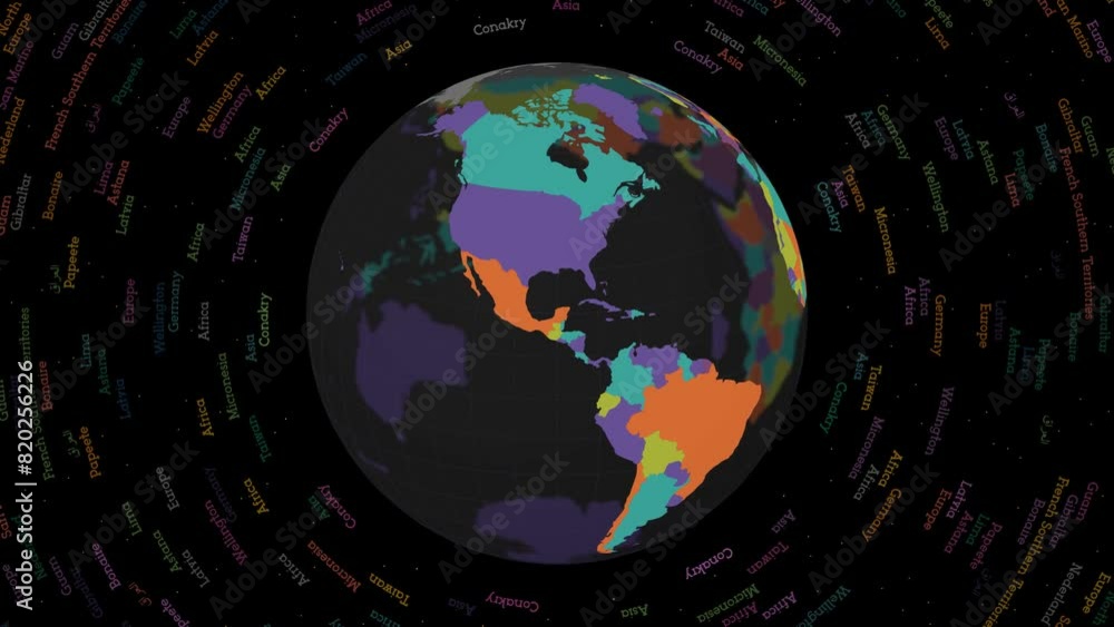 Poster rotating globe. dark translucent globe with round geographical names text. amazing spinning planet. 