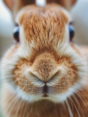 closeup shot of a cute realistic rabbit smelling the camera