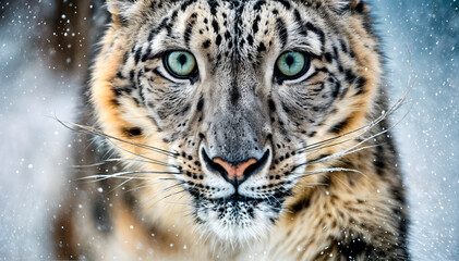 Obraz premium Portrait of a snow leopard. Stunning snow leopard in winter. Wild snow leopard during snowfall.