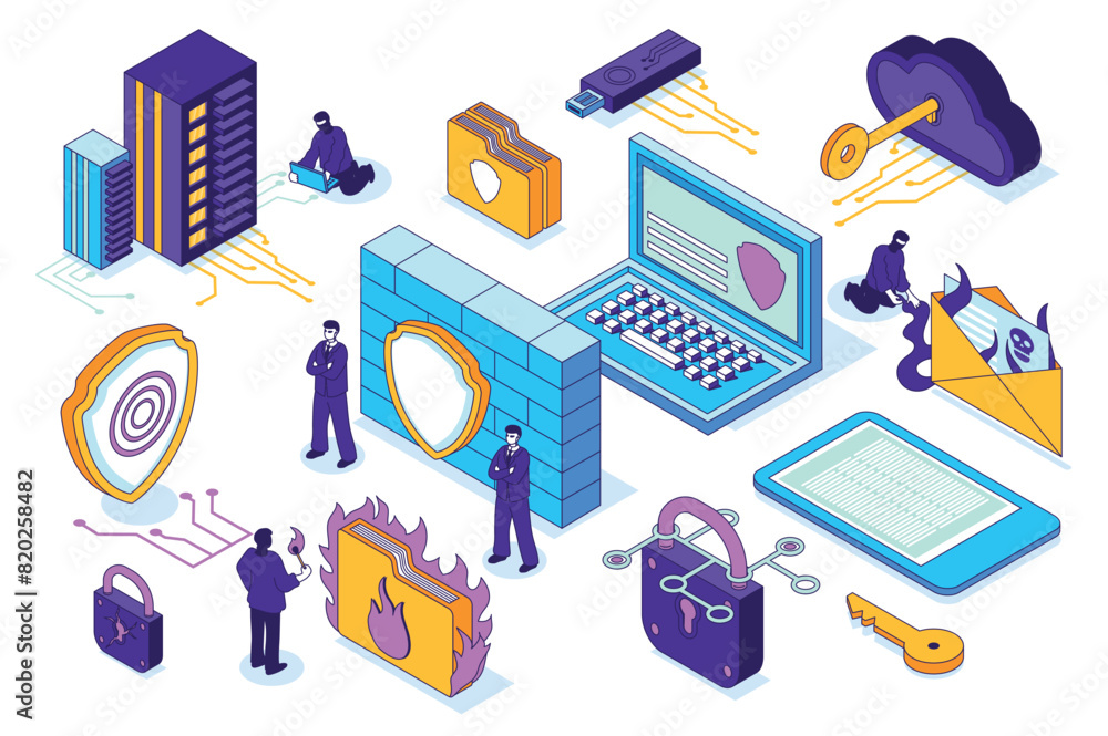 Aufkleber cybersecurity 3d isometric mega set. collection flat isometry elements and people of private data pr