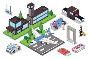 Air travel 3d isometric mega set. Collection flat isometry elements and people of airport building, passport or ticket control, waiting hall, passenger luggage, transfer to plane. Vector illustration.