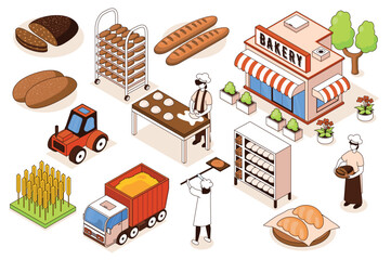 Bakery 3d isometric mega set. Collection flat isometry elements and people of bakehouse shop building, bakers making breads, pastry process, wheat truck, agricultural machinery. Vector illustration.